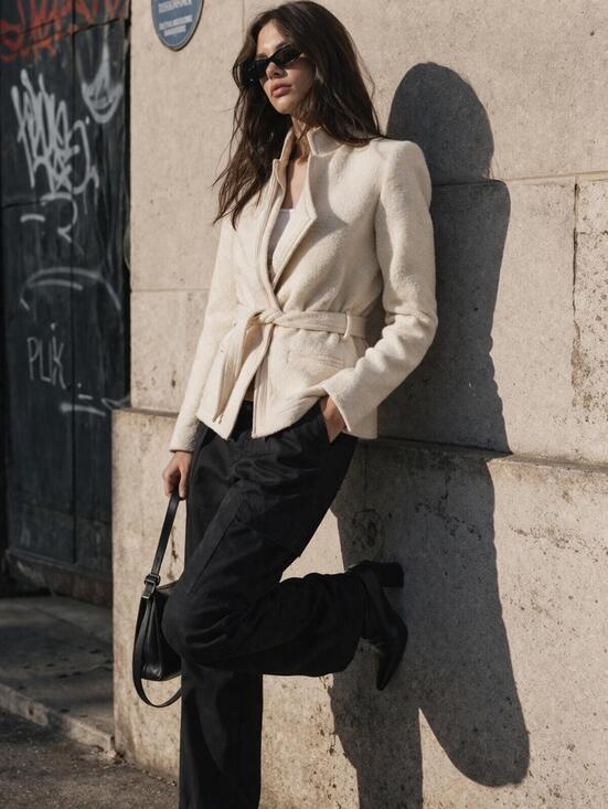 IRO Jackets & Blazers - NWT IRO PARIS Euro SZ 34/ XS Belted Jacket Leather-Trim Bouclé-Knit Wool Cream